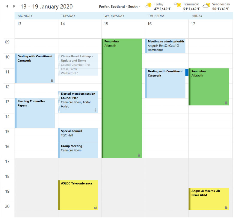 Extract of Councillor Lawrie's calendar showing his three roles: councillor, peer worker and political party member