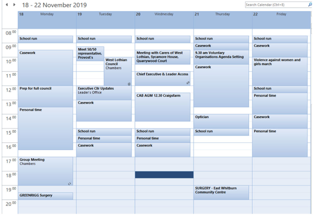 Extract from Councillor Sullivan's calendar showing how she finds time for council duties