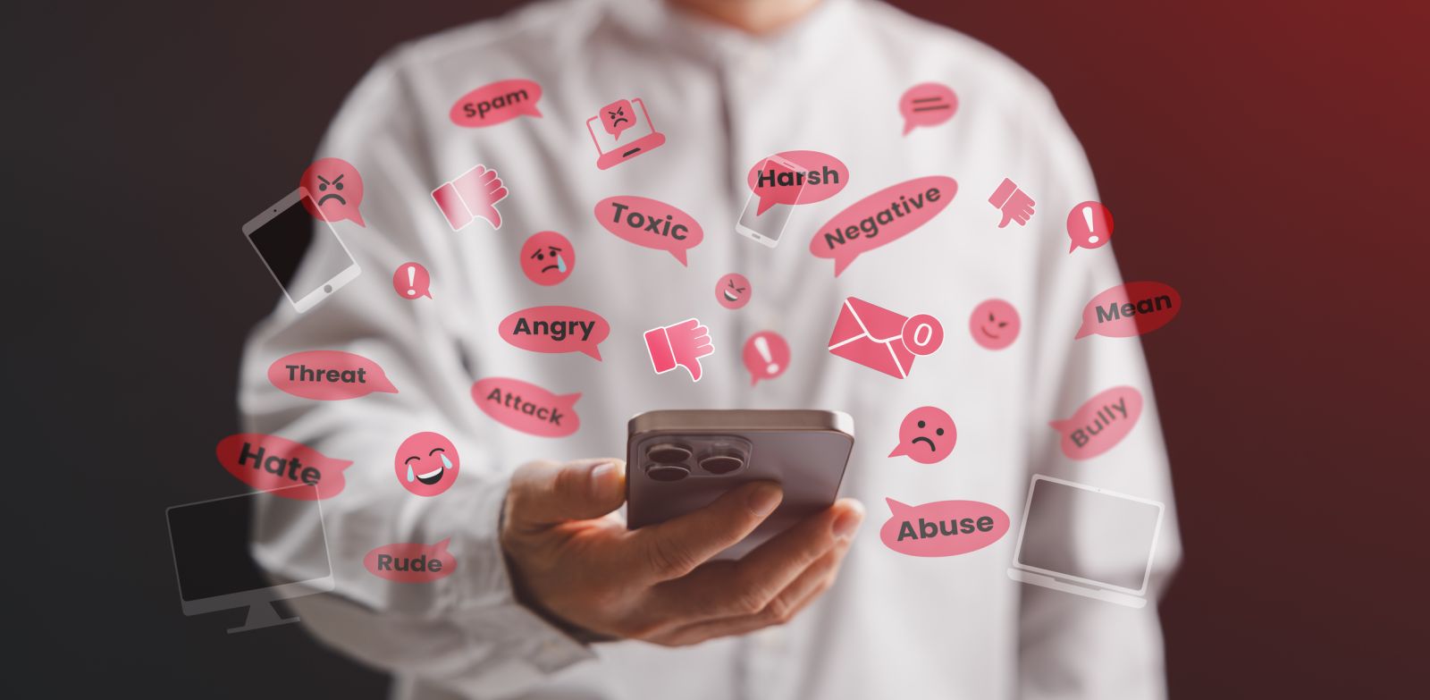 Person surrounded by negative images banner image